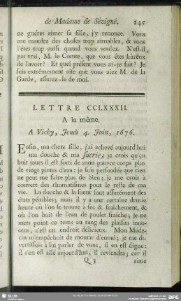 Lettre CCLXXXII. A la même. A Vichy, Jeudi 4. Juin, 1676