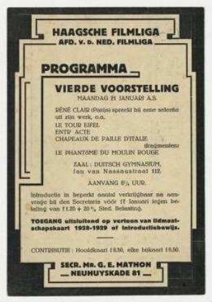 Einladungskarte (Postkarte) der Haagschen Filmliga an Til Brugman. 's-Gravenhage