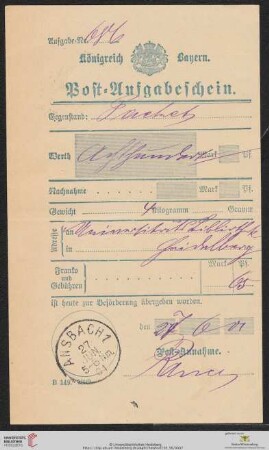 Post-Aufgabeschein (27.06.1901, Ansbach)