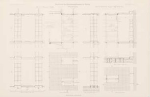 Reichstag, Berlin Bücherei: Hängende und stehende Regale: Grundriss, Schnitte 1:30 (aus: Atlas zur Zeitschrift für Bauwesen, hrsg. v. Ministerium der öffentlichen Arbeiten, Jg. 48, 1898)