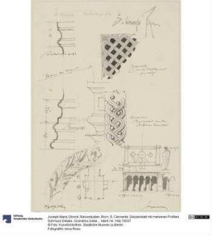Reisestudien, Rom, S. Clemente, Skizzenblatt mit mehreren Profilen, Schmuck Details, Grundriss Detail und Fassade