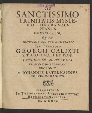 De Sanctissimo Trinitatis Mysterio Contra Socinianos Exercitatio