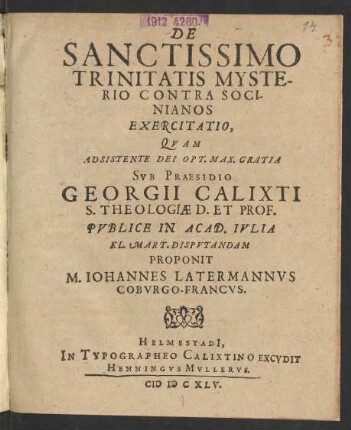 De Sanctissimo Trinitatis Mysterio Contra Socinianos Exercitatio
