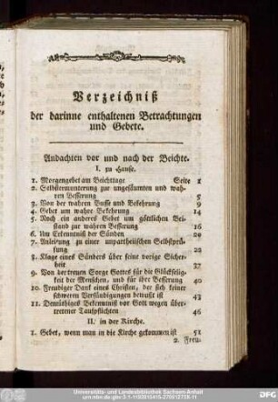 Verzeichniß der darinne enthaltenen Betrachtungen und Gebete.