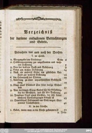 Verzeichniß der darinne enthaltenen Betrachtungen und Gebete.