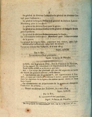 Extrait du Moniteur du Dimanche 8 Mai, Paris, le 7 Mai 1814 : [Ordonnances du Roi]