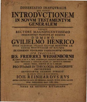 Diss. inaug. qua sistit introductionem in N. T. generatim