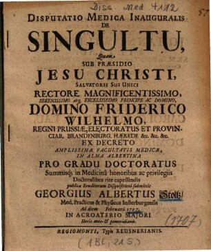 Disputatio Medica Inauguralis De Singultu