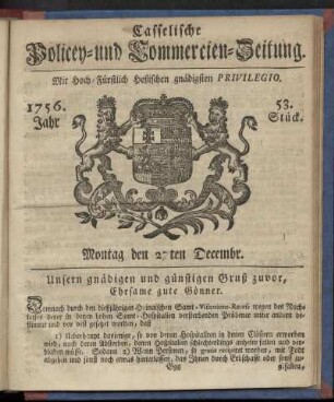53. Stueck, Montag den 27ten Decembr. 1756