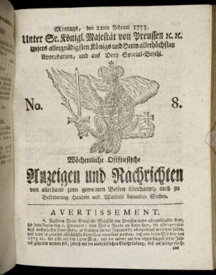 No. 8. Montags, den 22ten Februar 1773.