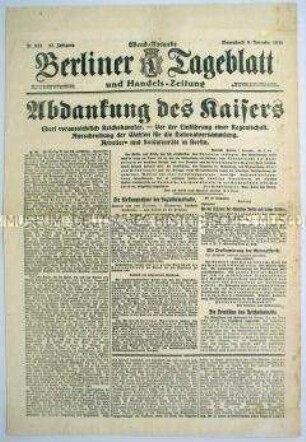 Berliner Tageblatt zur Abdankung von Kaiser Wilhelm II.