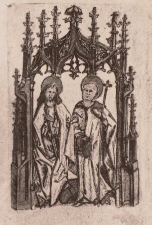 Zwei Apostel unter gotischem Baldachin (links: St. Jacobus d. Ä., rechts: St. Philippus ?)