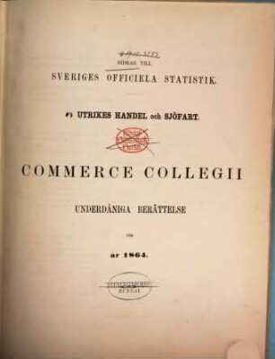 Commerce Collegii underdåniga berättelse : för år .... 1864