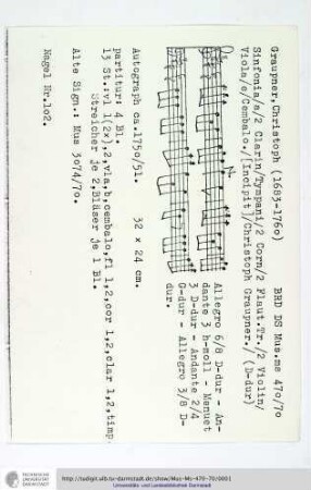 Sinfonia / a / 2 Clarin / Tympani / 2 Corn / 2 Flaut. Tr. / 2 Violin / Viola / e / Cembalo. / [Incipit] / Christoph Graupner.