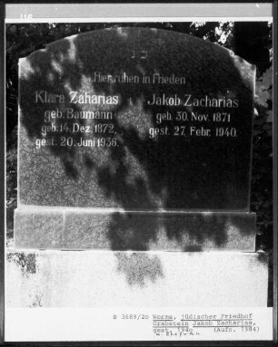 Grabstein von Jakob Zacharias (gestorben 1940.02.27) und Klara Zaharias, geborene Baumann (gestorben 1936.06.20)
