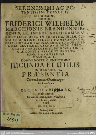 Friderici Wilhelmi electoris in Marchia praesentia jucunda oratione prolata