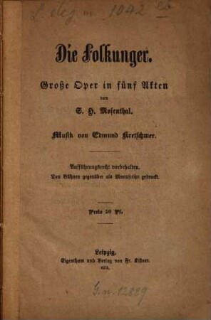 Die Folkunger : große Oper in fünf Akten