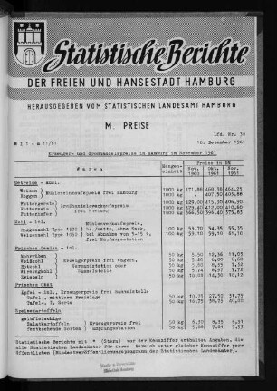 Erzeuger- und Großhandelspreise in Hamburg im November 1961 : Lfd. Nr. 38