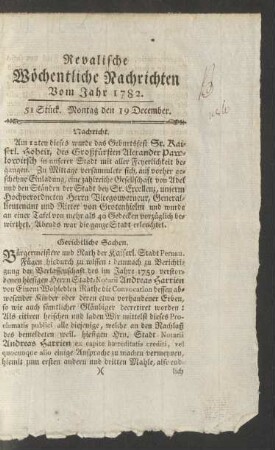 Revalische Wöchentliche Nachrichten Vom Jahr 1782. 51 Stück. Montag den 19 December