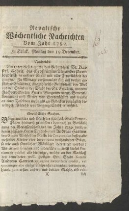 Revalische Wöchentliche Nachrichten Vom Jahr 1782. 51 Stück. Montag den 19 December
