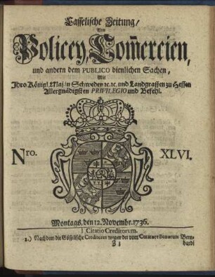 Nro. XLVI, Montags, den 12. Novembr 1736