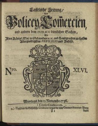 Nro. XLVI, Montags, den 12. Novembr 1736