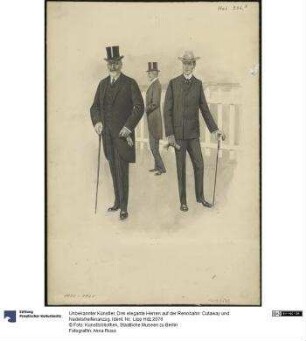 Drei elegante Herren auf der Rennbahn: Cutaway und Nadelstreifenanzug