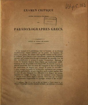 Examen critique d'une nouvelle édition des Paradoxographes Grecs