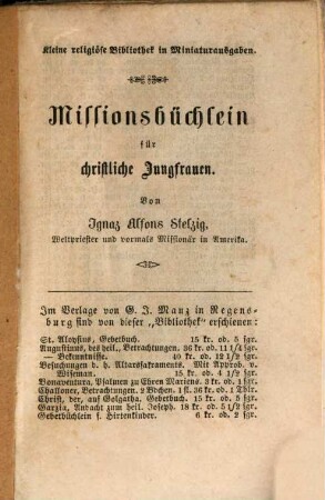 Missionsbüchlein, oder neue Beherzigungen für christliche Jungfrauen