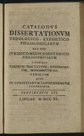 Continuatio XVI. Lipsiae M DCC XL.