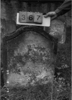 Grabstein 367 (Index: 100107828) Material: gelber Sandstein Zustand: verwittert, völliger Textverlust Maße HxBxT: 75x57x12 cm Beschreibung: Stele, geschwungener Bogenabschluß, Schriftfeld eingetieft: Grabstein 367