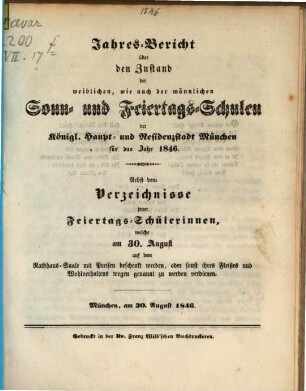 Jahres-Bericht über den Zustand der männlichen, wie auch der weiblichen Sonn- und Feiertags-Schulen der Königl. Haupt- und Residenzstadt München : für das Jahr ... 1845/46 (1846)