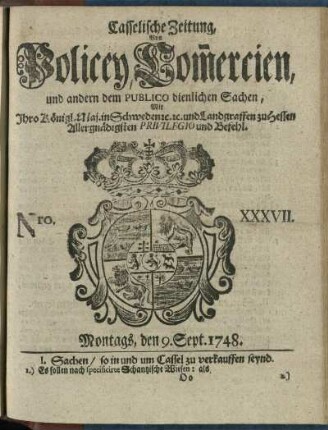 Nro. XXXVII, Montags, den 9. Sept. 1748