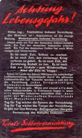 Abwurf-Flugblatt der Alliierten mit dem Aufruf zur bedingungslosen Kapitulation unter Verweis auf die Überlegenheit der alliierten Luftwaffe