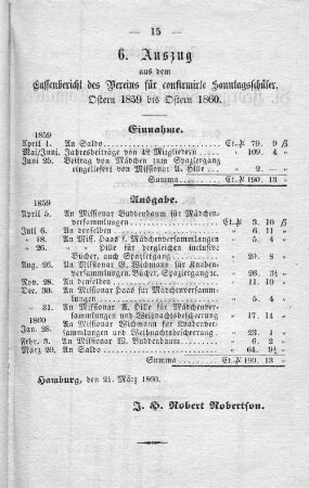 6. Auszug aus dem Cassenbericht des Vereins für confirmirte Sonntagsschüler. Ostern 1859 bis Ostern 1860.