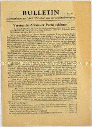 Illegales Informationsblatt der KPD "Bulletin" u.a. mit einem Wahlaufruf zur Bundestagswahl 1957