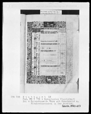 Liber horarum — Liturgisches Franziskanerkalendar, Folio 3recto-8verso — Buchseite März mit Monatsbild und Tierkreiszeichen in der Bordüre, Folio 4recto