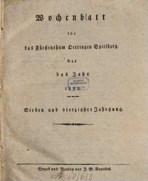 Wochenblatt für das Fürstenthum Oettingen-Spielberg : auf das Jahr .... 1832