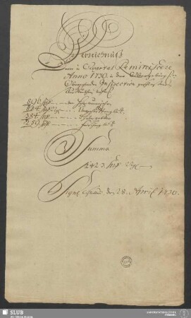 Verzeichnüß Derer in Qvartal Reminiscere Anno 1730. in der Obergebürgischen Oberzehenden Inspection geschloßenen Außbeuthen ... Schlettau, den 28. April. 1730 - XVII 103 4. (1730,R)