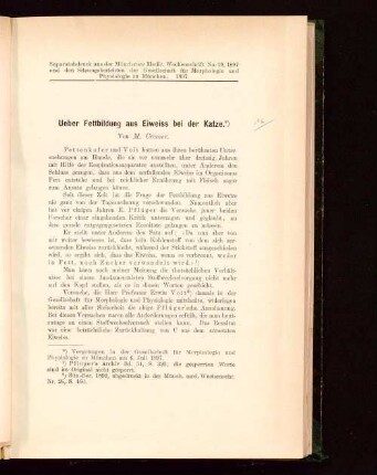Ueber Fettbildung aus Eiweiss bei der Katze