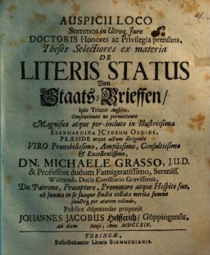Theses selectiores ex materia de literis status, von Staats-Brieffen