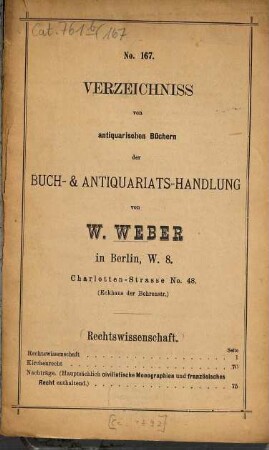 Verzeichnis antiquarischer Bücher. 167. [ca. 1892]