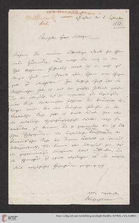 Briefe von Friedrich Wilhelm von Wasserschleben an Heinrich Zöpfl: Brief von Friedrich Wilhelm Wasserschleben an Heinrich Zoepfl, 03.09.1853