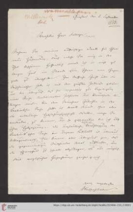 Briefe von Friedrich Wilhelm von Wasserschleben an Heinrich Zöpfl: Brief von Friedrich Wilhelm Wasserschleben an Heinrich Zoepfl, 03.09.1853