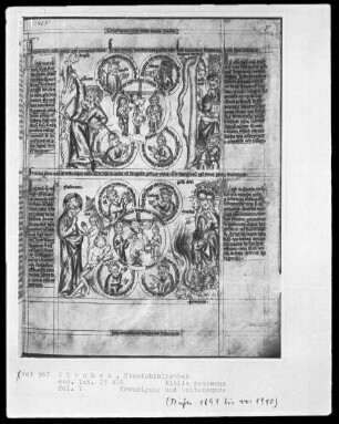 Biblia pauperum — Bildseite mit zwei Gruppen typologischer Szenen, Folio 7recto