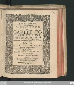 Partitionum Theologicarum Disputatio XXX, De Capite Ecclesiae Et Pontifice Romano In Specie