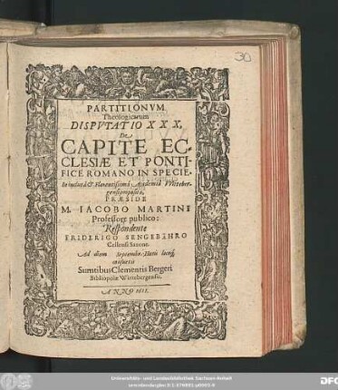 Partitionum Theologicarum Disputatio XXX, De Capite Ecclesiae Et Pontifice Romano In Specie