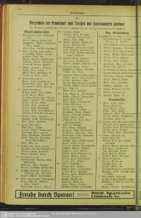 D. Häuserbuch : D. Verzeichnis der Einwohner nach Straßen und Hausnummern geordnet