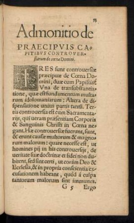 Admonitio de Praecipuis Capitibus Controversiarum de coena Domini.