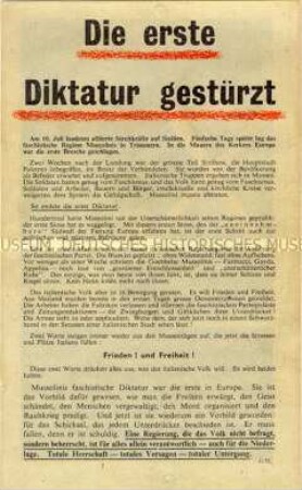 Bebildertes Abwurf-Flugblatt der Alliierten zum Sturz von Mussolini